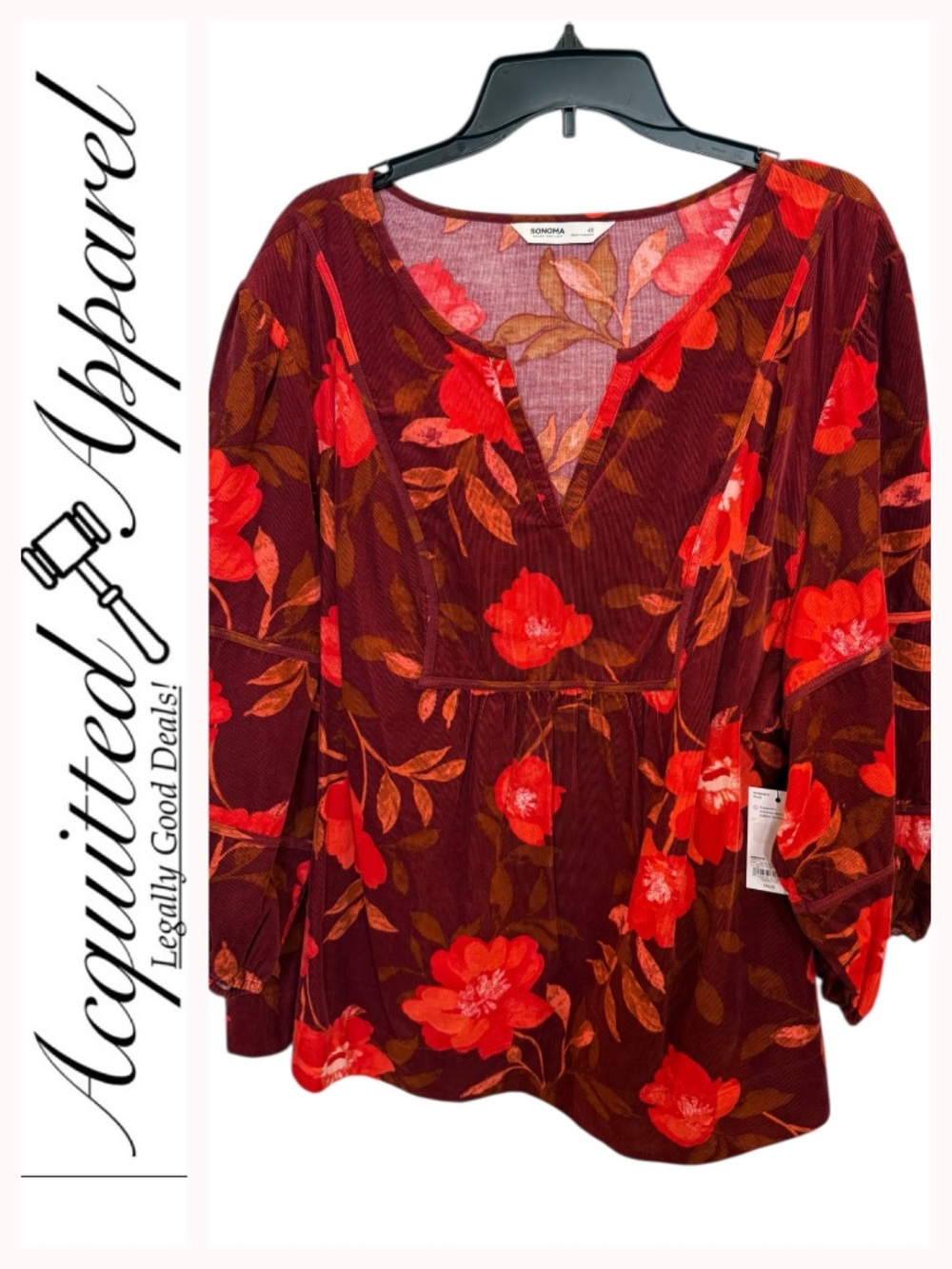 Sonoma Burgundy Floral V-Neck Peasant Tunic Top 4X